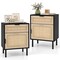 Black & Natural Rattan Nightstand with Drawer and Cabinet for Bedroom